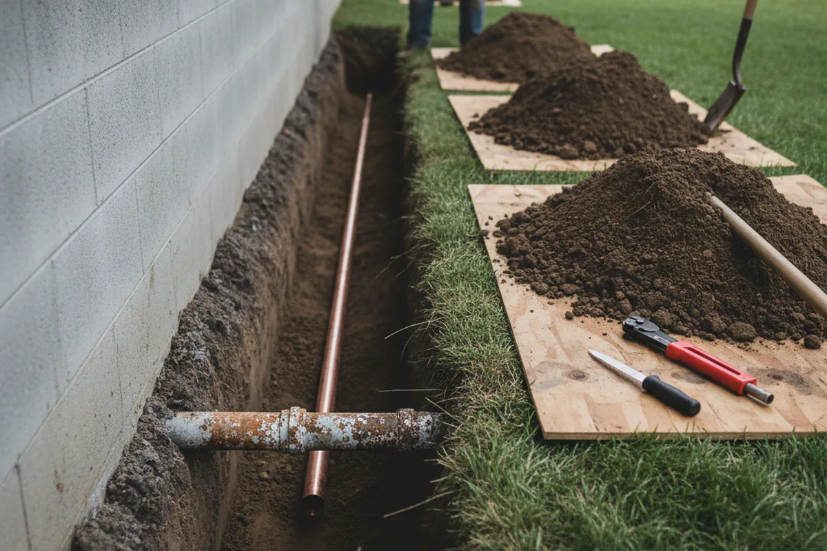 Excavated water line trench during Sewer Line Repair in Abbottstown
